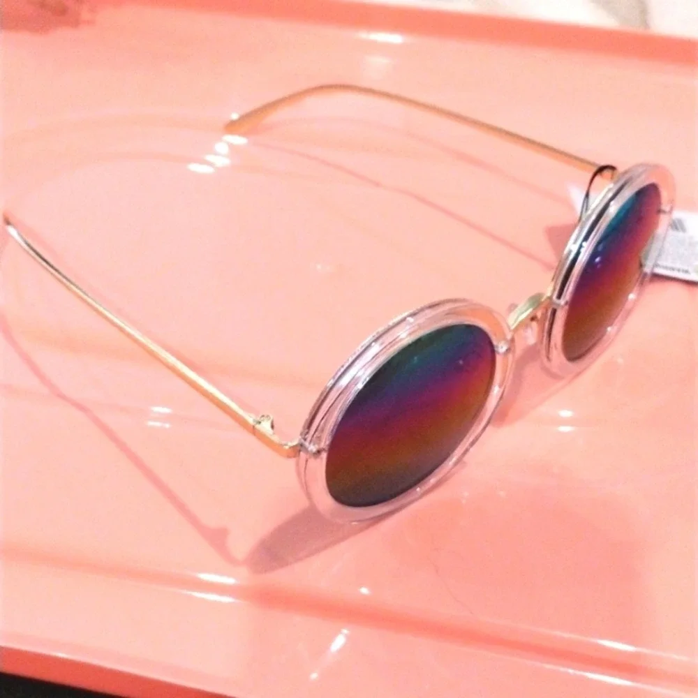 Round Rainbow MIRROR Sunglasses Clear Frames GLAM Fairygoth Hippie Festival City